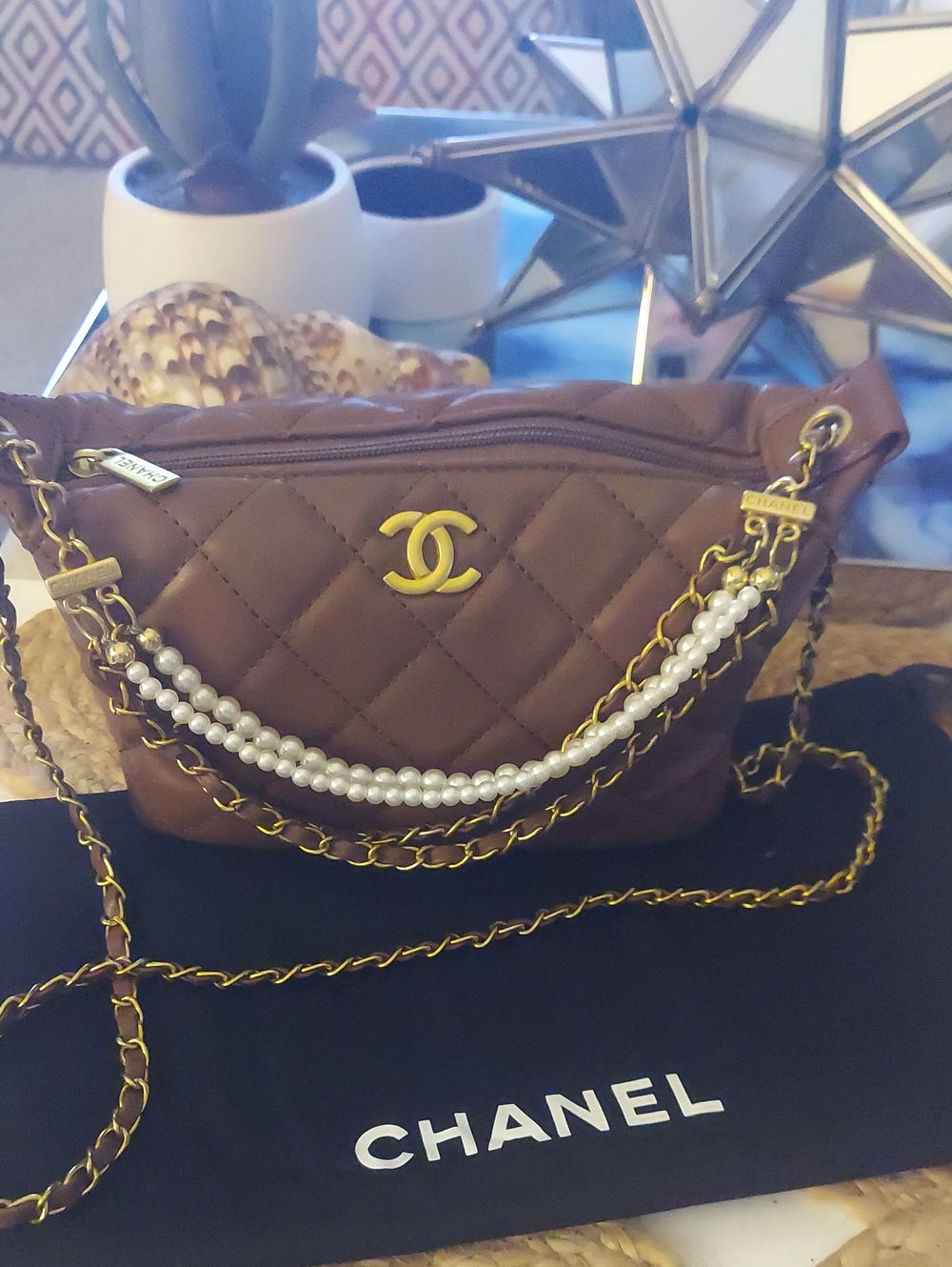 Rich Cordovan Brown Pearl And Gold Crossbody Bag